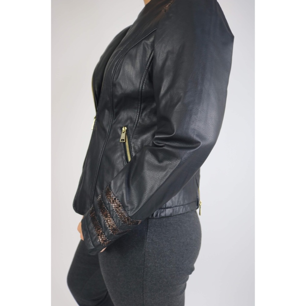 Black Leather Jacket with Purple Snake Trim - Picture 2 of 4